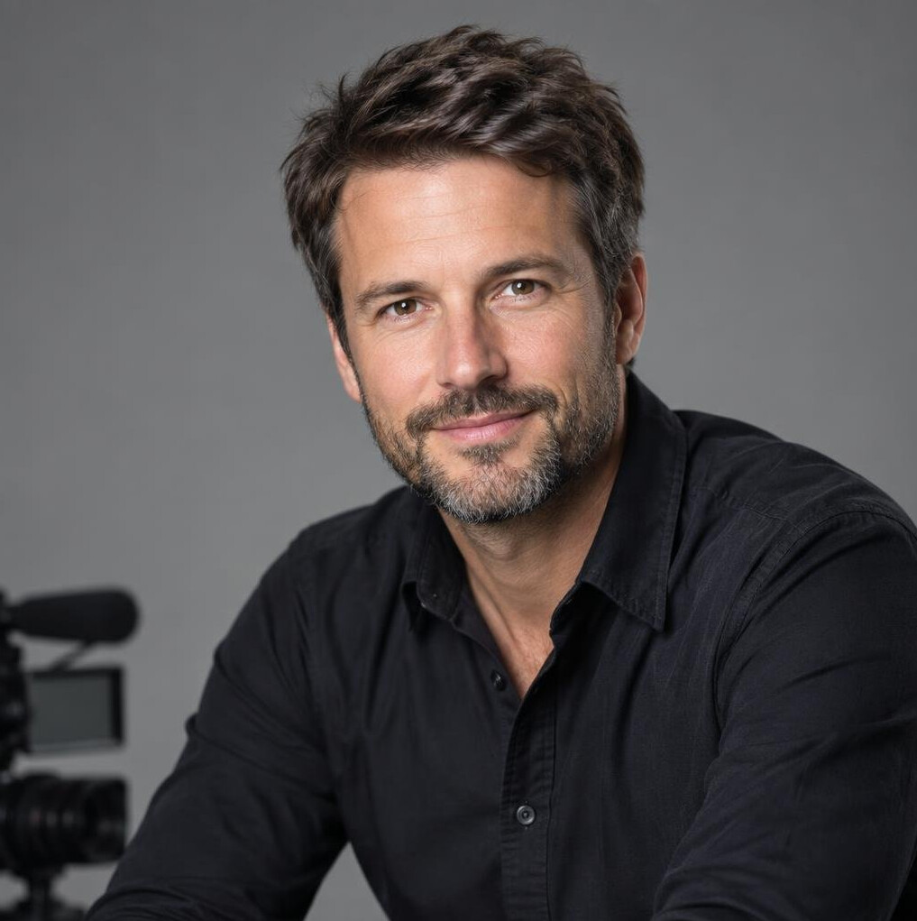 Studio portrait of a European man in his 40s, audiovisual producer