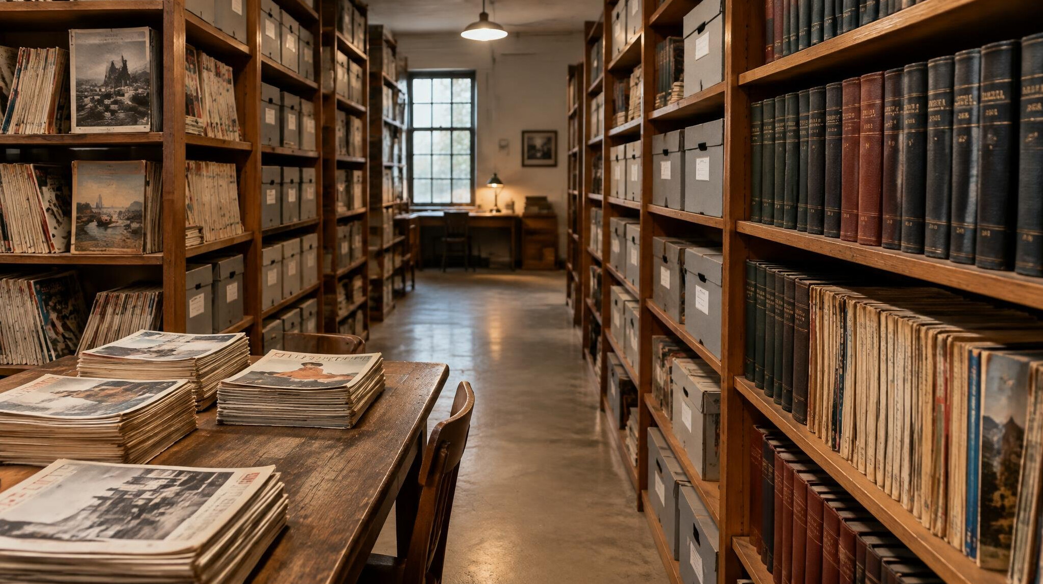 Rows of archive shelves with old magazines and boxes