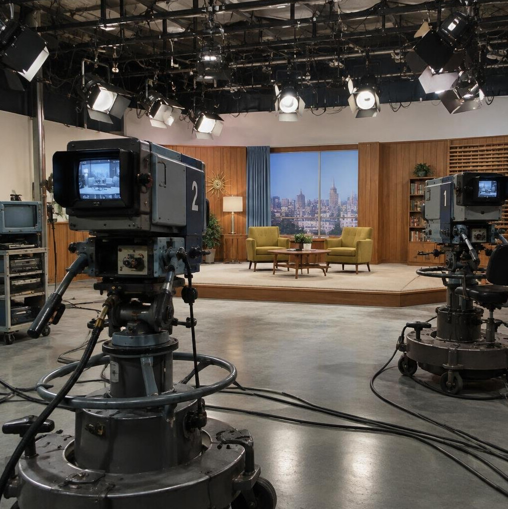 Retro television studio set with cameras and lights