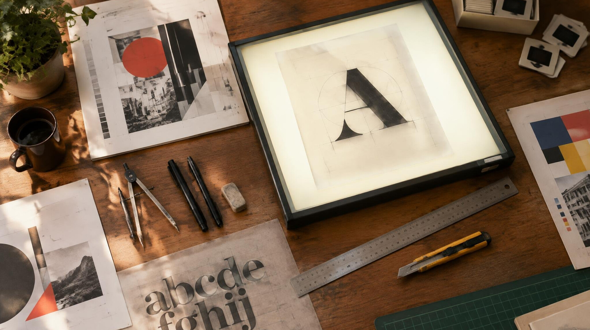 Vintage graphic design desk with drafting tools and typography layouts